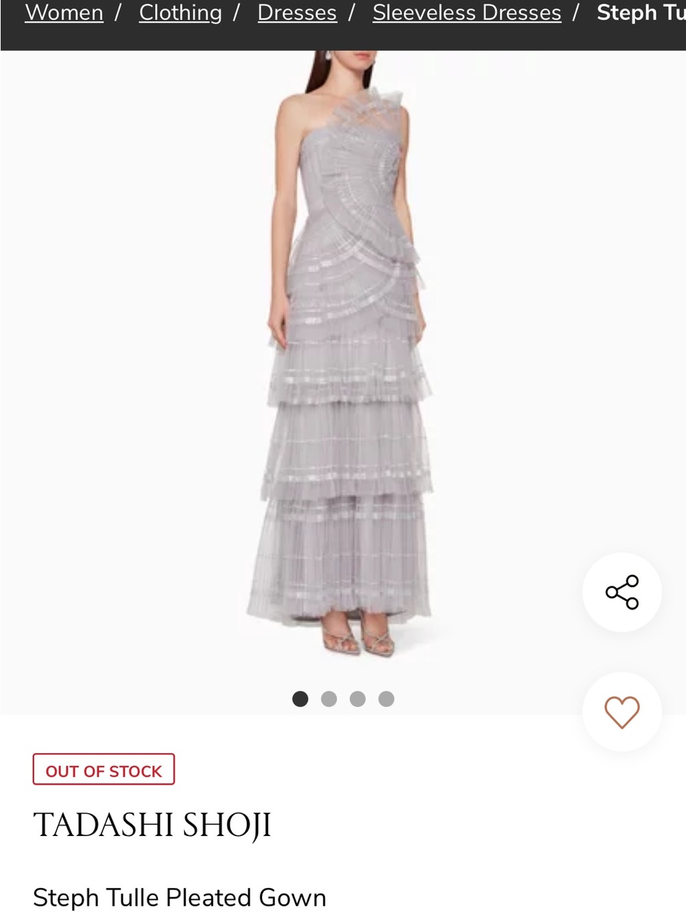 Tadashi Shoji One-Shoulder Tulle Pleated Gown in Light Gray